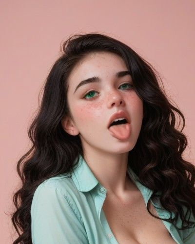 Jenna, a fictional ChatUp character. Dark-haired character in a pale green shirt against a pink background.