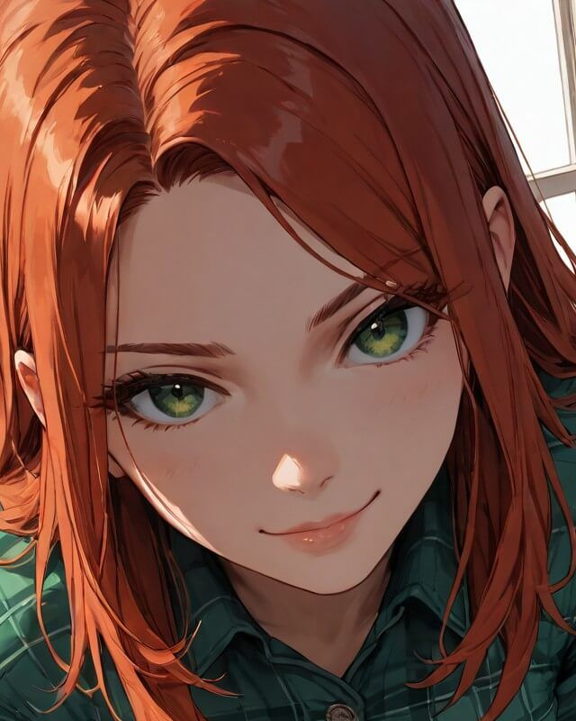 Veronica, a fictional ChatUp character. Red-haired illustrated character in a green collared shirt.
