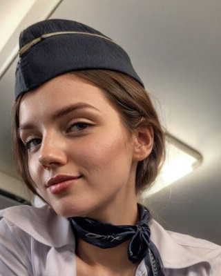Aurora, a fictional ChatUp character. Character in cabin-crew styling with a dark hat and neck scarf.