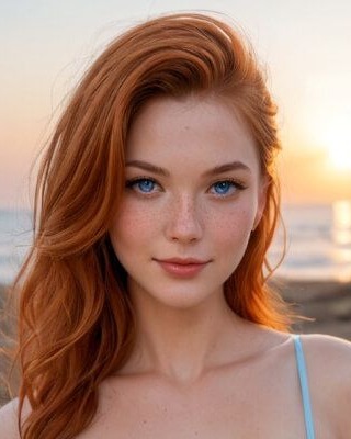 Gigi, a fictional ChatUp character. Red-haired character depicted in a coastal setting.
