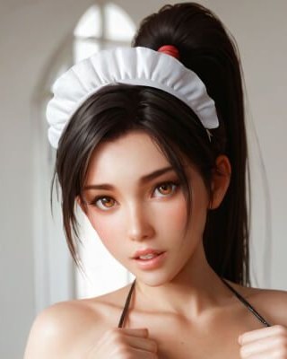 Sabrina, a fictional ChatUp character. Dark-haired character wearing a white ruffled headpiece.