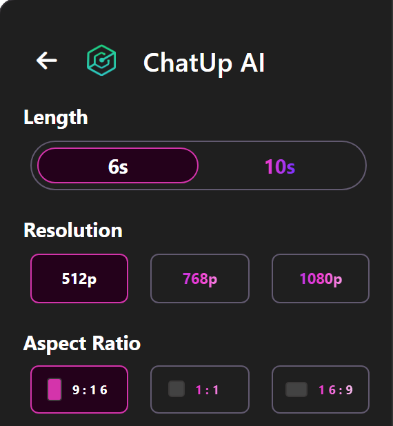 ChatUp text-to-video panel with length, resolution and aspect ratio settings